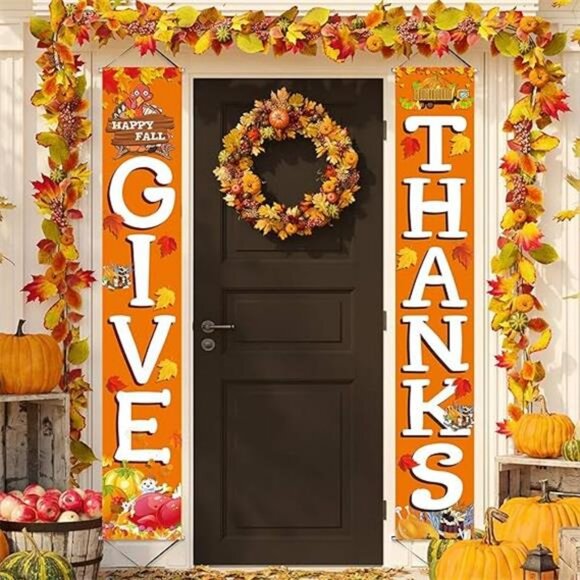 GIVE THANKS Hanging Banner Porch Sign Autumn Pumpkin Maple Leaf Backdrop Flag - Picture 8 of 8